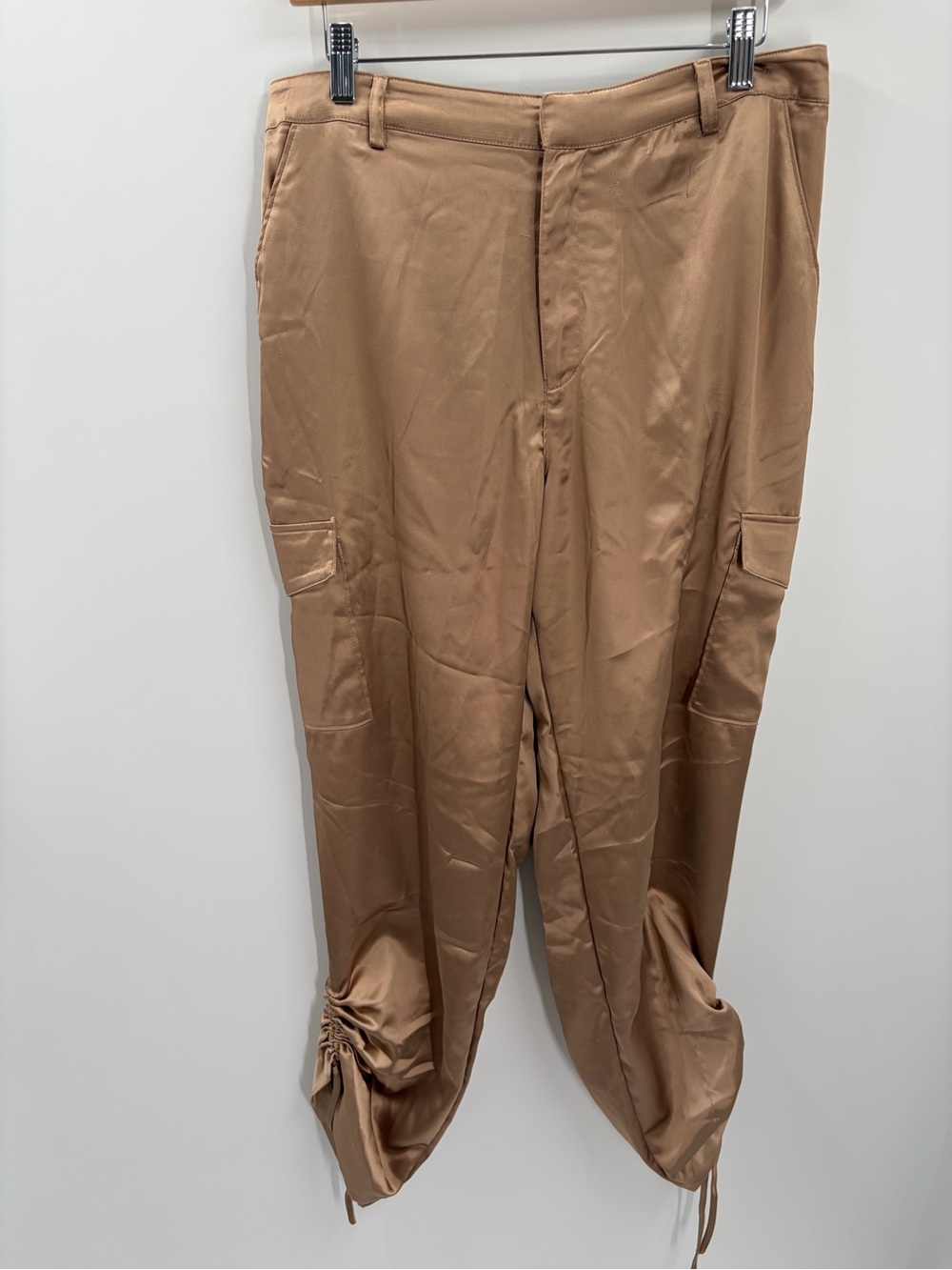 INTEMPO Satin Cargo Pants Taupe Mocha Ruched Ankle Utility Joggers Size 12